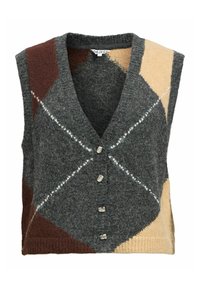 Grauer Strickpullunder mit einem Rautenmuster in Brauntönen und Beige. Verfügt über einen V-Ausschnitt, fünf silberne Knöpfe und eine weiche Textur.