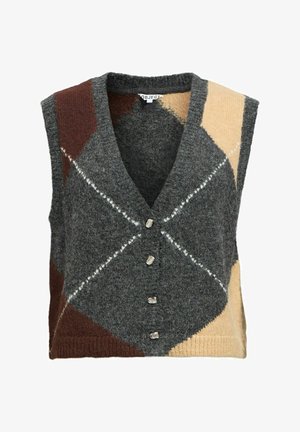 Gilet grigio a maglia con un motivo a diamante in tonalità marroni e beige. Presenta un collo a V, cinque bottoni argentati e una texture morbida.
