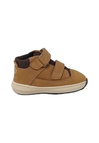 Scarpa in pelle marrone con due cinturini regolabili in Velcro, punta arrotondata e suola in gomma beige. Tessuto morbido e supporto per la caviglia imbottito.