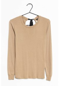 Long-sleeve beige top with a rounded neckline and a black tie accent at the back. Made of soft fabric with a smooth texture.