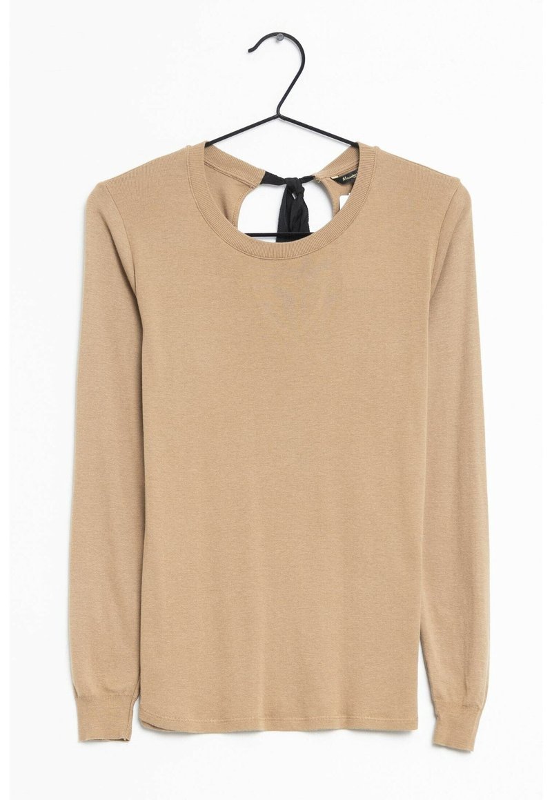 Long-sleeve beige top with a rounded neckline and a black tie accent at the back. Made of soft fabric with a smooth texture.