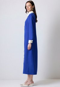 Flowing blue dress with long sleeves and a white collar, featuring gold button accents down the front. Smooth texture and full length.