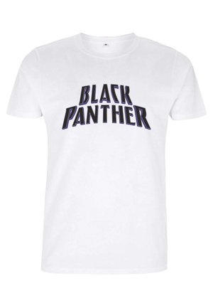 Weißes Baumwoll-T-Shirt mit fettem schwarzen Text, der "BLACK PANTHER" in einer stilisierten Schriftart zeigt. Einfacher Rundhalsausschnitt und kurze Ärmel.