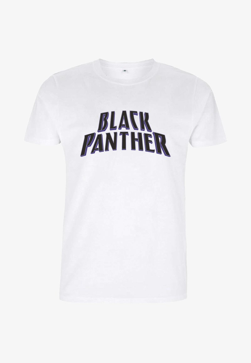 Biała bawełniana koszulka z odważnym czarnym napisem "BLACK PANTHER" w stylizowanej czcionce. Prosty okrągły dekolt i krótkie rękawy.