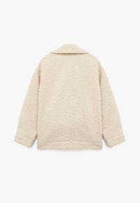 Crème, fluffy stoffen jasje met een gestructureerd oppervlak, knoopsluiting aan de voorkant en een kraag. Beschikt over lange mouwen en een relaxte pasvorm.