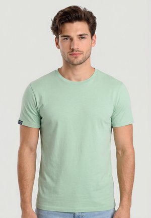 Jeune homme aux cheveux bruns ondulés courts, portant un t-shirt à manches courtes vert pastel, debout devant un fond blanc uni.