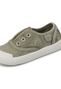 Casual green canvas slip-on shoe with white rubber sole and toe cap, featuring three silver eyelets and a small fabric logo tag.