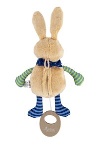 Plüschkaninchen-Spielzeug mit langen Ohren, beigem Fell, blauer Stoffschleife, grün-blau gestreiften Armen und Beinen sowie einem grauen Zugring am unteren Ende.