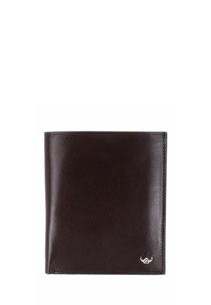 Dark brown folded leather wallet with neat stitching and a small silver logo in the bottom right corner on a white background.