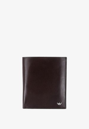 Dark brown folded leather wallet with neat stitching and a small silver logo in the bottom right corner on a white background.