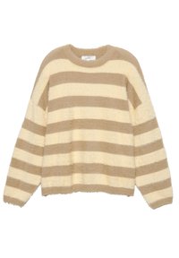 Raidallisia neuleita beige- ja kerma-värissä, laadukkaasta muhkeasta materiaalista valmistettu. Ominaisuuksiin kuuluu pyöreä pääntie ja pitkät hihat, rento leikkaus.