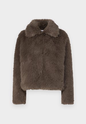 Brown faux fur cropped jacket with a soft, textured finish, featuring a collared neckline and long sleeves, designed with a modern silhouette.