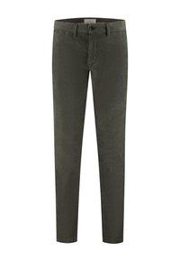Olijfgroene broek, slim fit, katoenmix stof, knoopsluiting, vijfzakkenontwerp, gladde textuur met een subtiele glans.