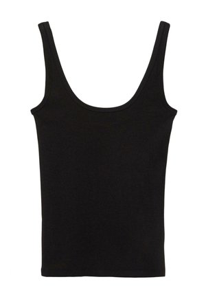 Débardeur en coton noir avec larges bretelles et encolure dégagée. Texture lisse et coupe classique, avec des bordures renforcées sur les coutures.