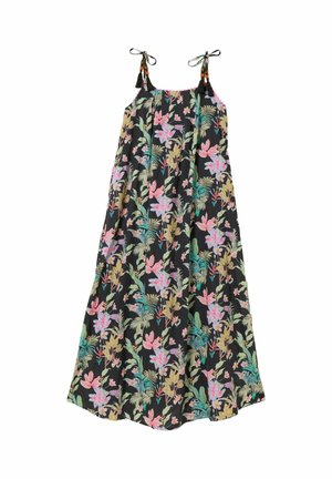 Schwarzes ärmelloses Midikleid mit pinkem, grünem und beigem Blumenmuster, Bindebändern mit Quasten und lockerem, fließendem Schnitt.