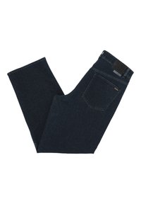 Dark denim jeans with a straight-leg design. Features include a back pocket and a textured waistband label.  Soft fabric with minimal fading.