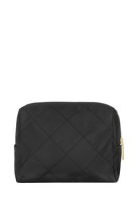 Czarna pikowana kosmetyczka o prostokątnym kształcie, z złotym zamkiem błyskawicznym i boczną kieszonką dla dodatkowej przestrzeni do przechowywania.