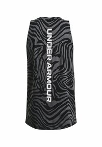 Black and gray tank top featuring a zebra stripe pattern, with "UNDER ARMOUR" printed in large white letters vertically on the back.