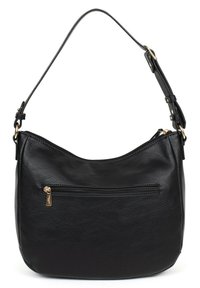 Borsa a spalla in pelle nera con una texture liscia, forma curva e una tasca con zip frontale. Presenta una tracolla regolabile con finiture dorate.