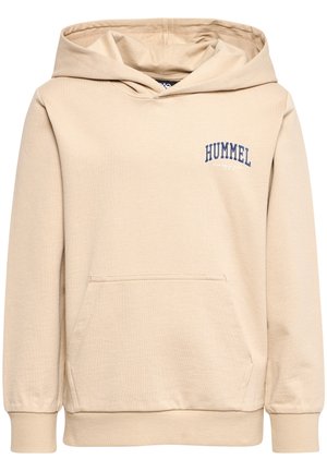 Beige hættetrøje med forreste kængurulomme og "HUMMEL"-logo trykt i blåt på venstre bryst.