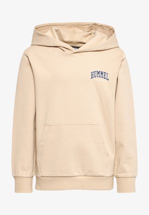 Sweat à capuche beige avec poche kangourou devant et logo "HUMMEL" imprimé en bleu sur la poitrine gauche.