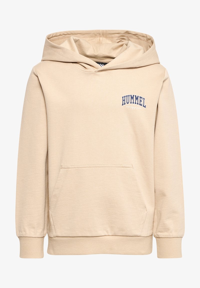 Sweat à capuche beige avec poche kangourou devant et logo "HUMMEL" imprimé en bleu sur la poitrine gauche.