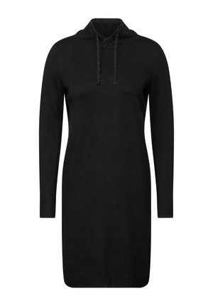 Vestido de punto negro con capucha, mangas largas y cordón ajustable. Textura suave con puños y dobladillo acanalados. Diseño simple y minimalista.