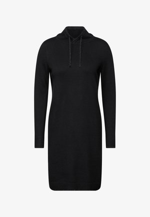 Svart stickad klänning med huva, långa ärmar och dragsko. Slät textur med ribbade ärmslut och fåll. Enkel, minimalistisk design.