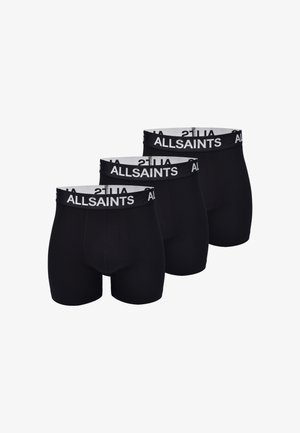 Zwarte boxershorts in een verpakking van drie, met een witte elastische tailleband waarop het logo "ALLSAINTS" staat. Gladde stof met een aansluitend ontwerp.