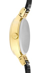 Auksinė apyrankė su apvaliu korpusu ir tekstūruota juoda juosta. Įrengtas išsiskiriantis vainikėlis ir lygus, blizgus kristalo paviršius.