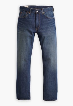 Mørkeblå denim jeans med lige ben design, der har en klassisk fem-lomme stil, metalknaplukning og synlige stikninger.