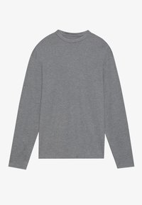 Tricou gri cu mânecă lungă, realizat dintr-un material moale și elastic. Are un decolteu rotund și o croială lejeră, cu cusături minime și fără modele.