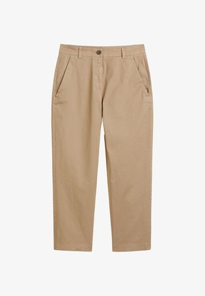 Pantaloni in cotone beige con design a gamba dritta, dotati di tasche frontali, chiusura con bottone e una texture liscia.