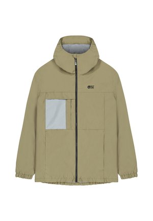 Khaki windbreaker jacket with a hood, front zipper, and elastic cuffs. Features a large gray patch pocket on the left chest.
