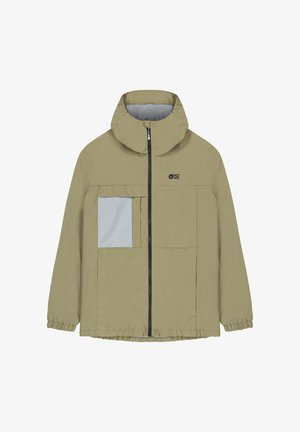Khaki windbreaker jacket with a hood, front zipper, and elastic cuffs. Features a large gray patch pocket on the left chest.