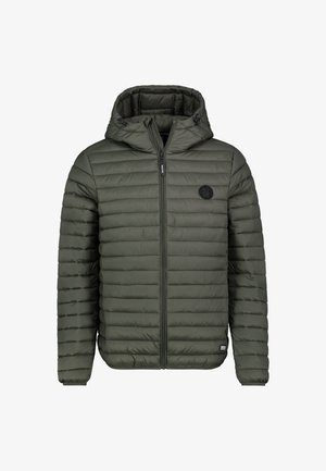 Olive green puffer jacket with a zip front, hood, and quilted design. Features a textured fabric and a circular logo patch on the chest.