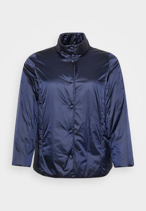 Dark blue shiny puffer jacket with stand collar and snap button closure, long sleeves, and a slightly loose fit.