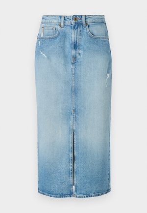 Lichtblauwe denim midi-skirt met een voorpolaire, vervaagde textuur en versleten accenten. Heeft riemlussen en een ritssluiting aan de voorkant.