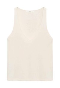 Ärmelloses, V-Ausschnitt-Top in hellcremefarbener Farbe, aus leichtem Stoff mit glatter Textur und geradem Saum. Verfügt über ein minimalistisches Design.