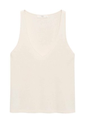 Majica bez rukava, s v-izrezom, u svijetlo krem boji, izrađena od lagane tkanine s glatkom teksturom i ravnim rubom. Ima minimalistički dizajn.