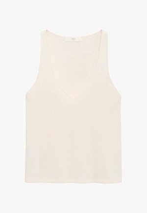 Majica bez rukava, s v-izrezom, u svijetlo krem boji, izrađena od lagane tkanine s glatkom teksturom i ravnim rubom. Ima minimalistički dizajn.