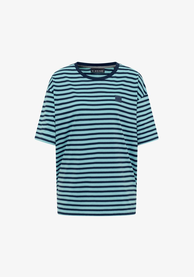 Striped t-shirt in light blue and navy, made of soft fabric. Features a round neckline and short sleeves, with a small logo patch on the chest.
