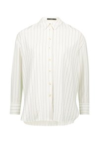 Cream button-up shirt with vertical black pinstripes, long sleeves, classic collar, and yellow buttons. Soft fabric, slightly curved hem.
