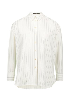 Cream button-up shirt with vertical black pinstripes, long sleeves, classic collar, and yellow buttons. Soft fabric, slightly curved hem.