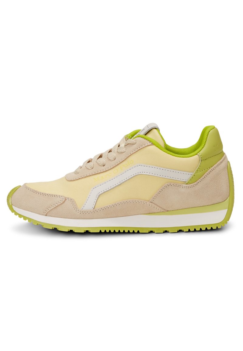 Beige and green sneakers with a suede and synthetic upper, featuring a white design accent, lace closure, and textured rubber sole.