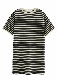 Czarny i kremowy w paski krótki rękaw t-shirt, dzianinowa tekstura z okrągłym dekoltem i kontrastowym wykończeniem wzdłuż rękawów i kołnierza.