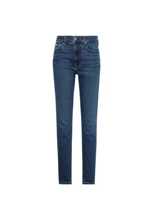 Dark blue denim jeans with a straight fit, belt loops, front pockets, and a subtle faded design. Features a classic button and zipper closure.