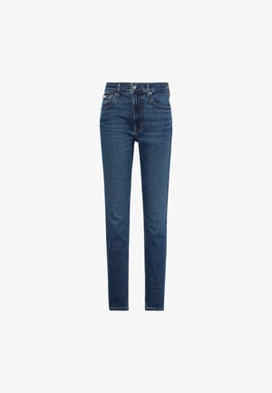 Dark blue denim jeans with a straight fit, belt loops, front pockets, and a subtle faded design. Features a classic button and zipper closure.