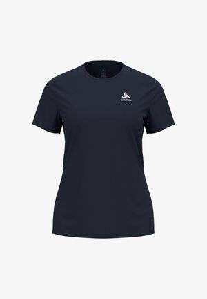 Námornícky modré športové tričko s krátkym rukávom vyrobené z priedušnej látky, s okrúhlym výstrihom a malým logom na hrudi. Hladká textúra.