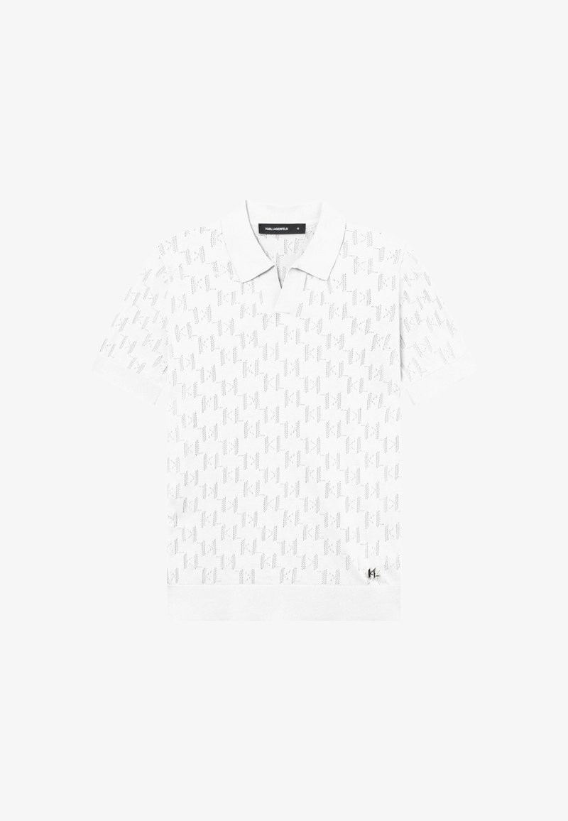 White short-sleeve polo shirt with subtle repeating Karl Lagerfeld "KL" logo pattern and small metal "KL" emblem near the hem.